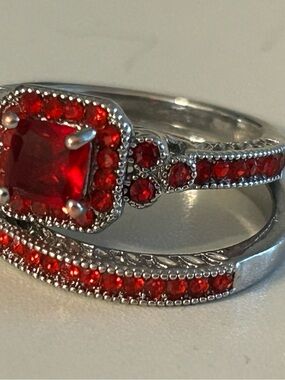 Sterling Silver Red CZ Halo Ring Set